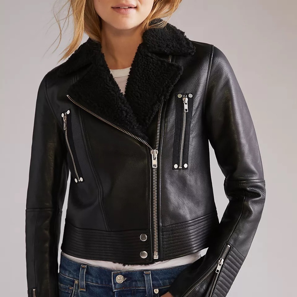Paige Rooney Sherpa-Trimmed Leather Moto Jacket; NWT